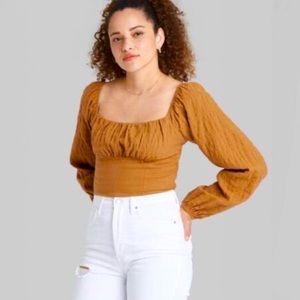 WILD FABLE Size XXL Cognac Brown Smocked Long Sleeve Crop Top NWT